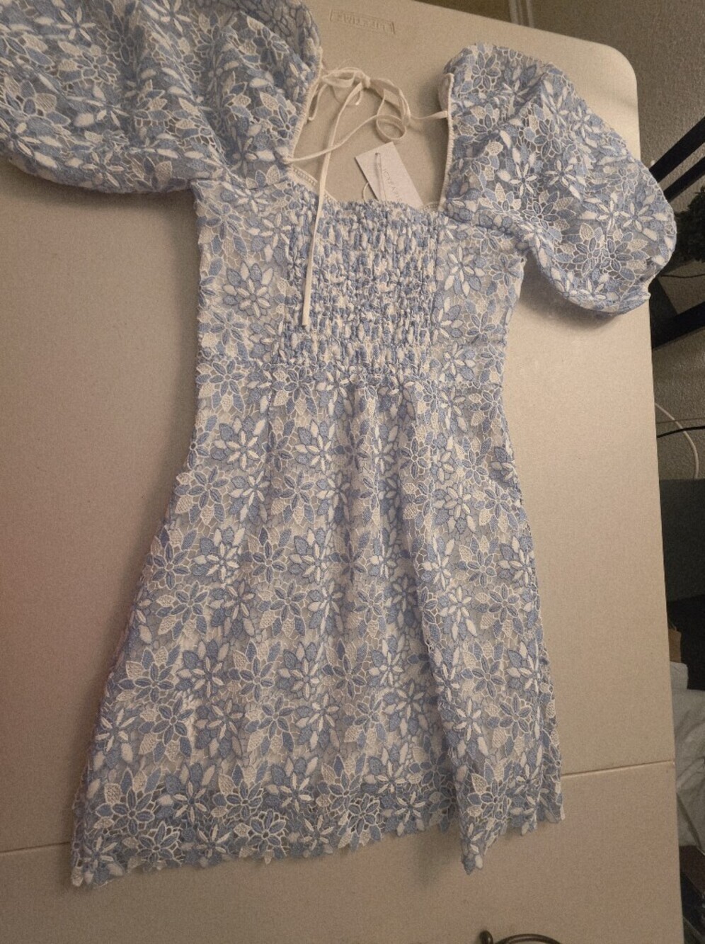 Lucy Paris Light Blue Lace Puff-Sleeve Mini Dress - Picture 10 of 12